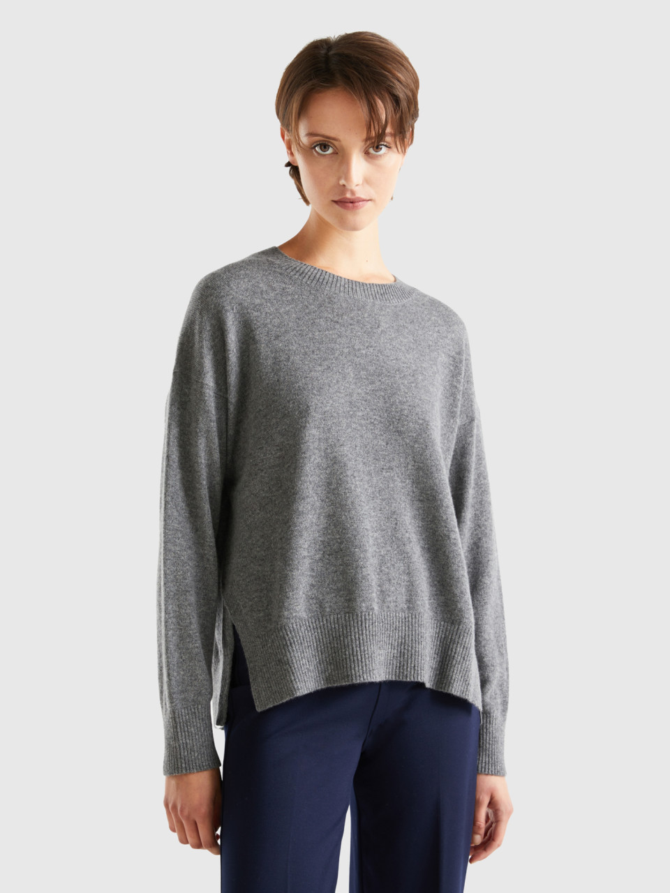 Benetton, Dark Gray Sweater In 100% Cashmere, Dark Gray, Women