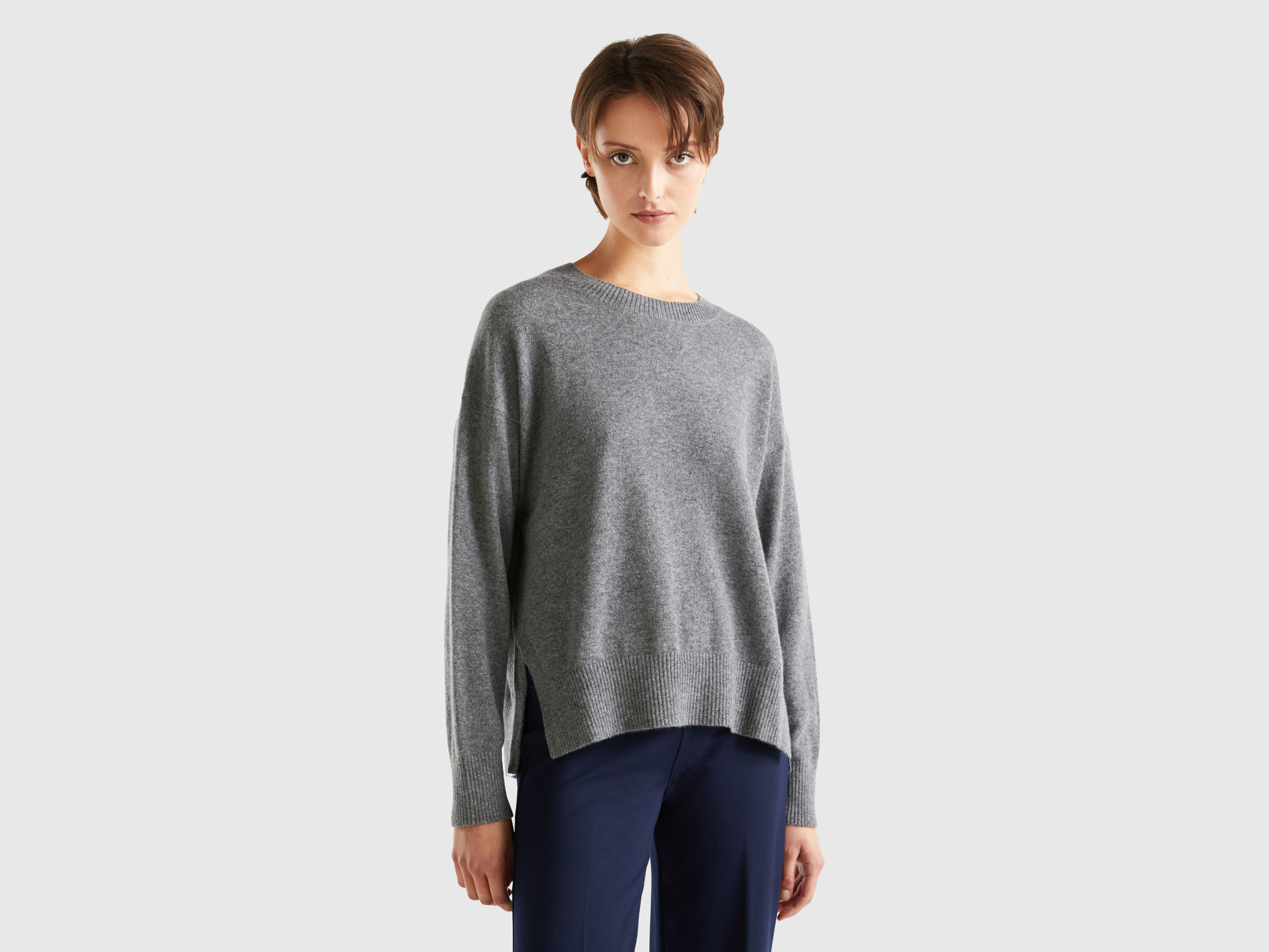 Benetton, Dark Gray Sweater In 100% Cashmere, size L-XL, Dark Gray, Women