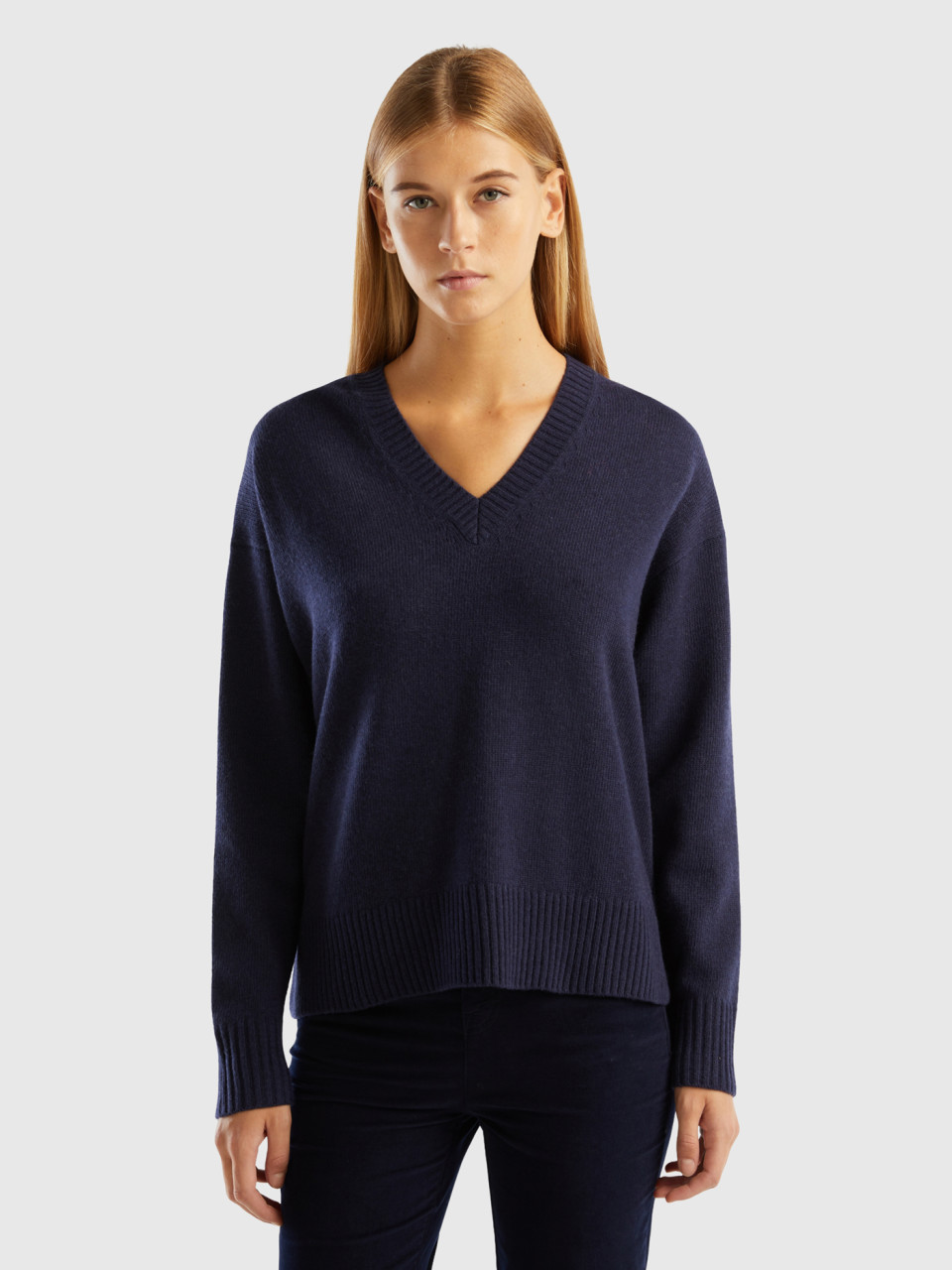 Benetton, Oversized Fit Sweater With Slits, Dark Blue, Women