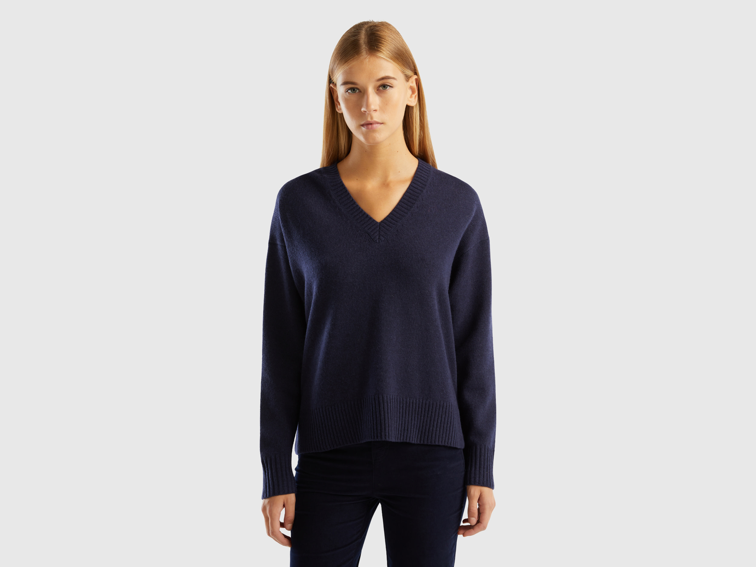 Benetton, Oversized Fit Sweater With Slits, size M, Dark Blue, Women
