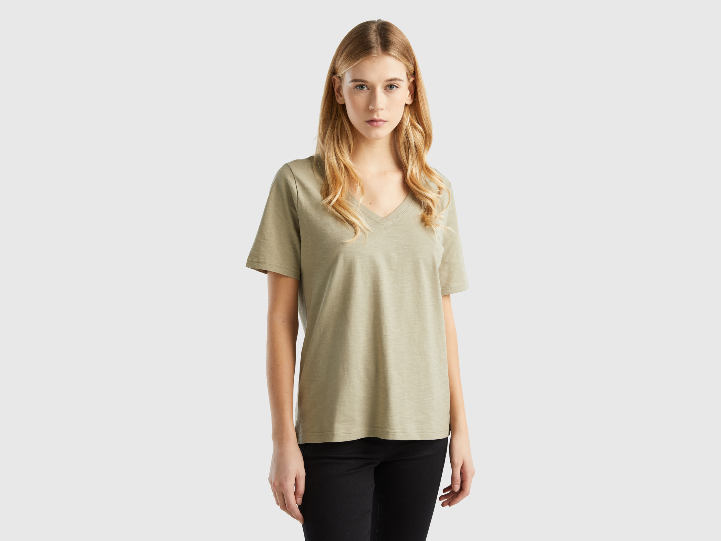 Benetton, V-neck T-shirt In Slub Cotton, size S, Light Green, Women