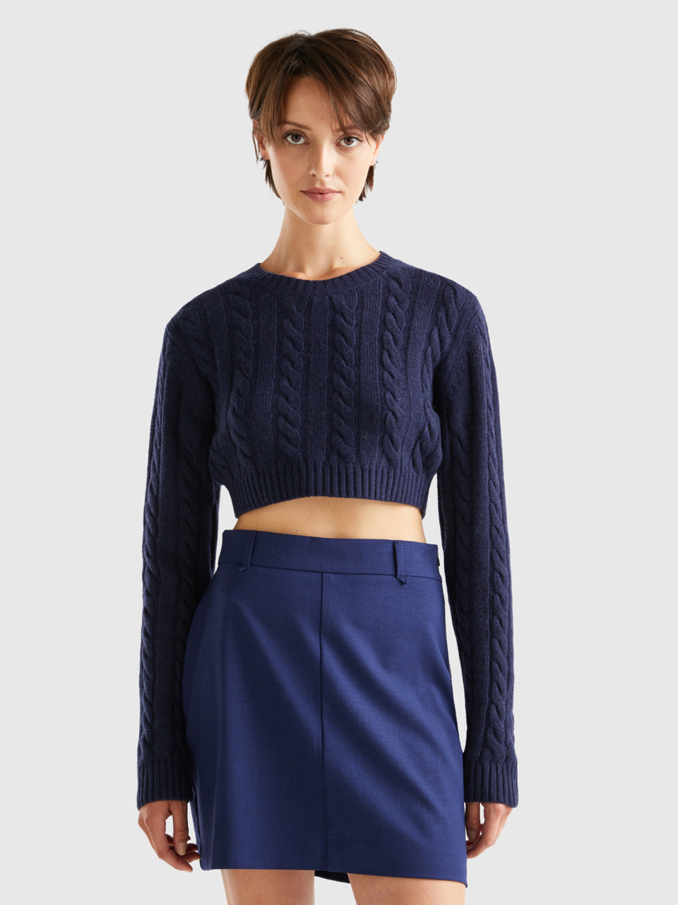 Benetton, Cropped Sweater With Cables, Dark Blue, Women