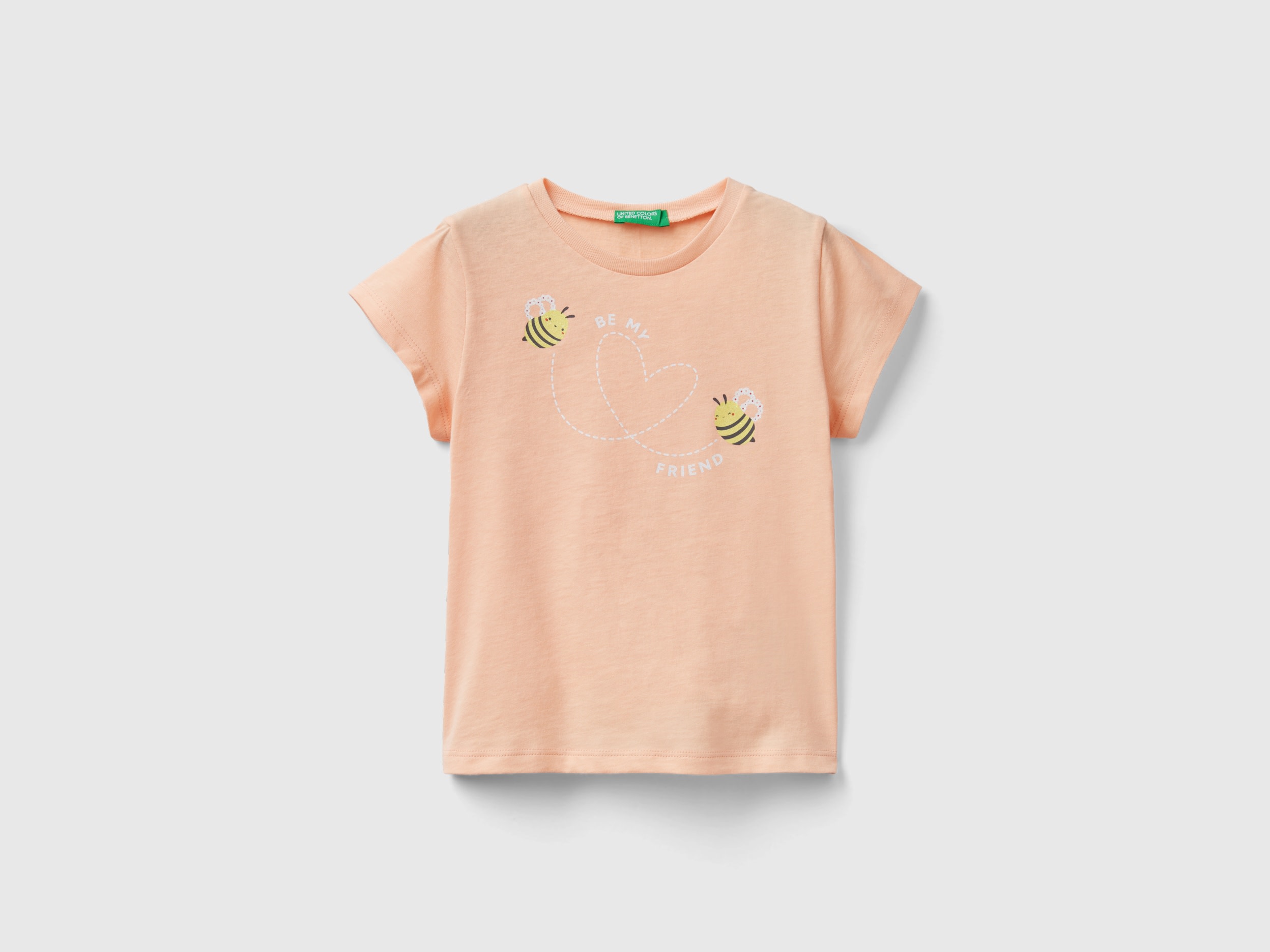 Benetton, T-shirt In Organic Cotton With Glitter, size 3-4, Peach, Kids