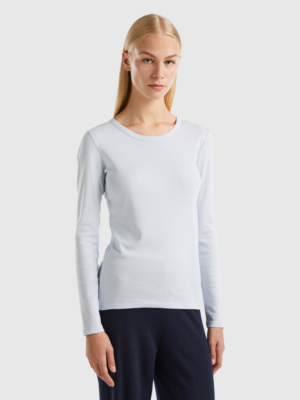 Benetton, Long Sleeve Pure Cotton T-shirt, Sky Blue, Women