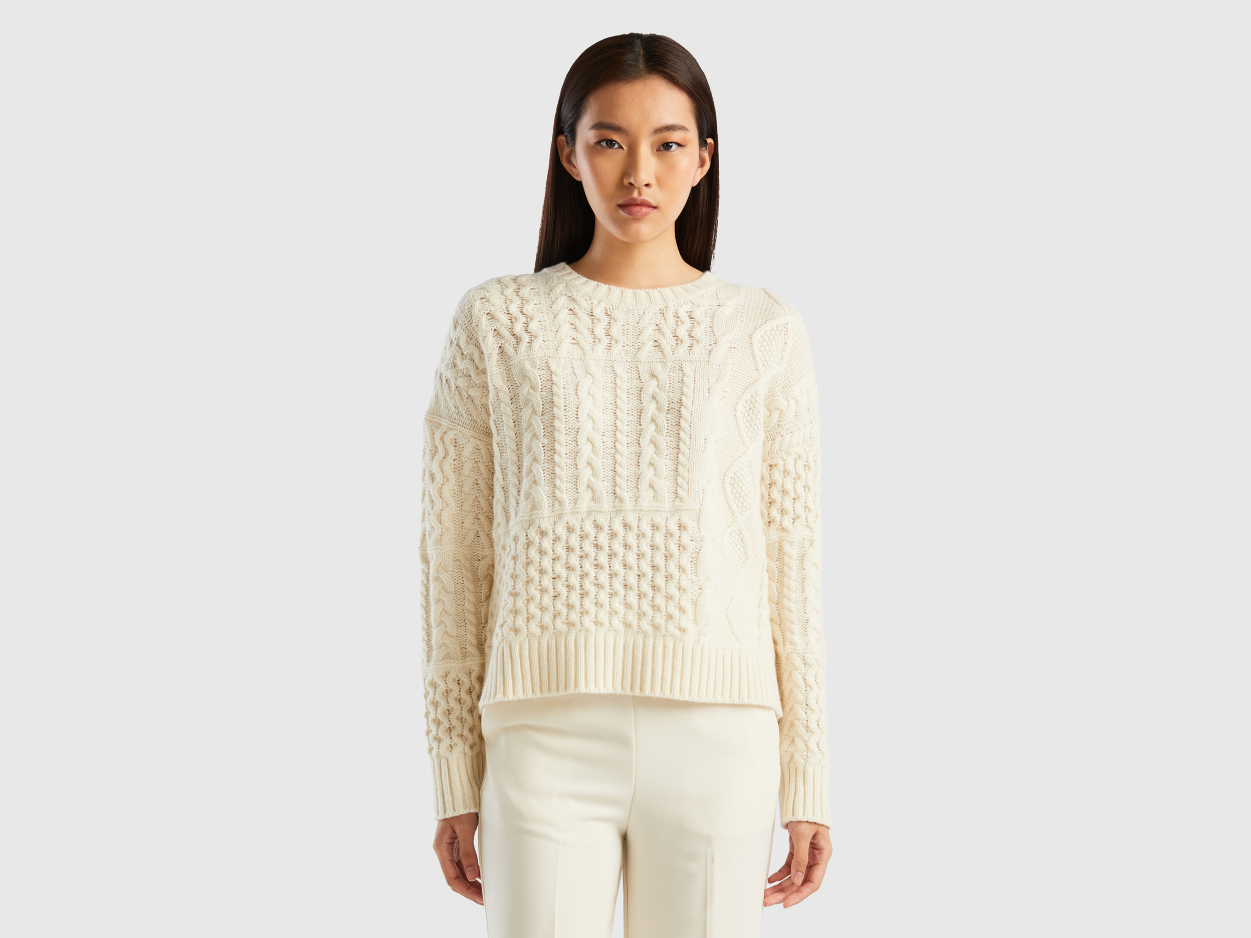 Benetton, Knit Patchwork Sweater, size L-XL, Creamy White, Women