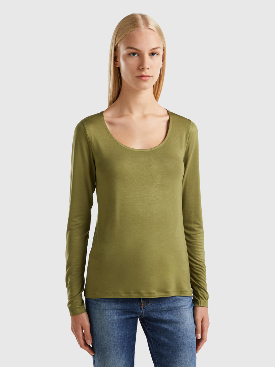 Benetton, T-shirt In Sustainable Stretch Viscose, Military Green, Women