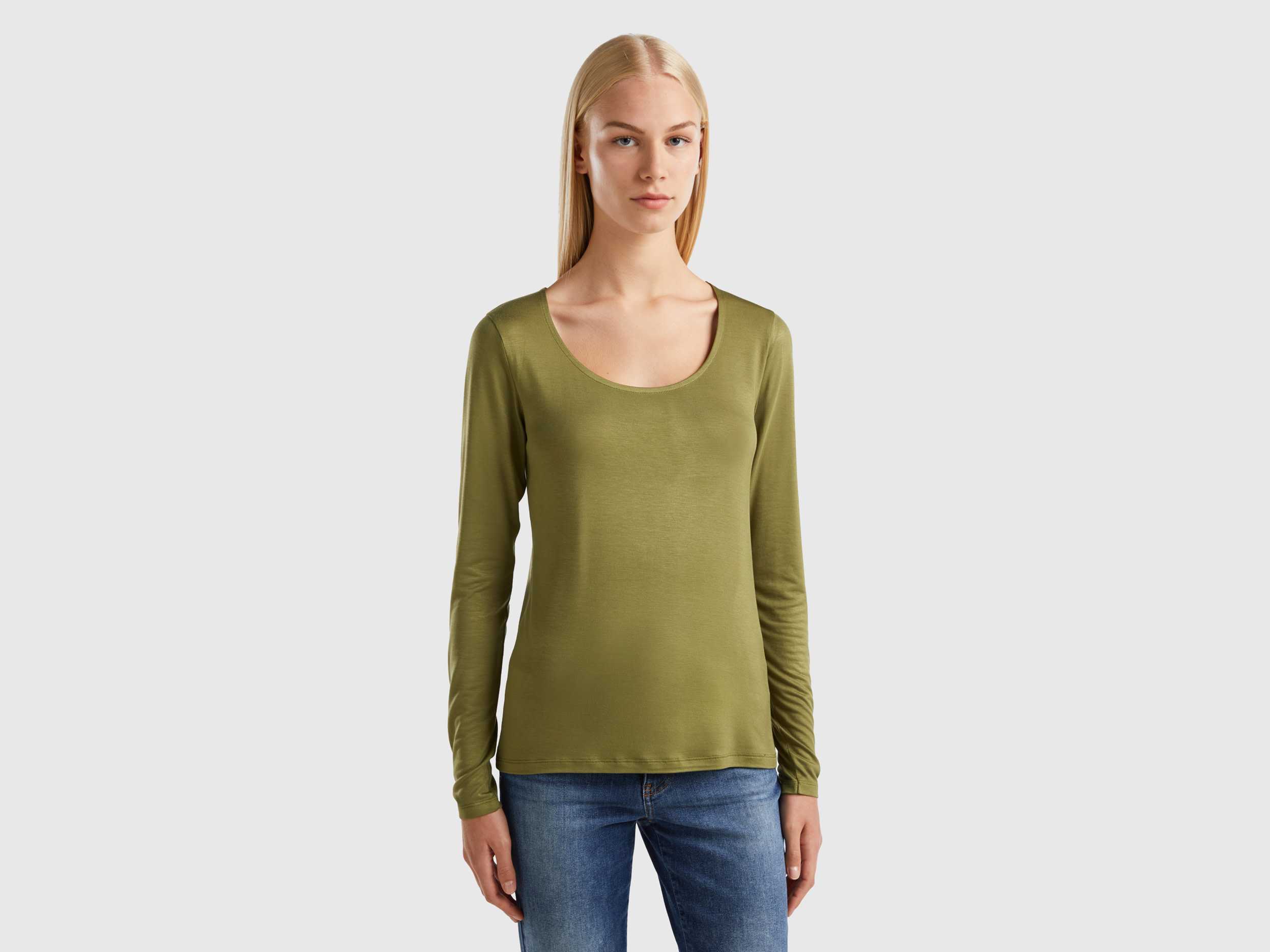 Benetton, T-shirt In Sustainable Stretch Viscose, size XL, Military Green, Women