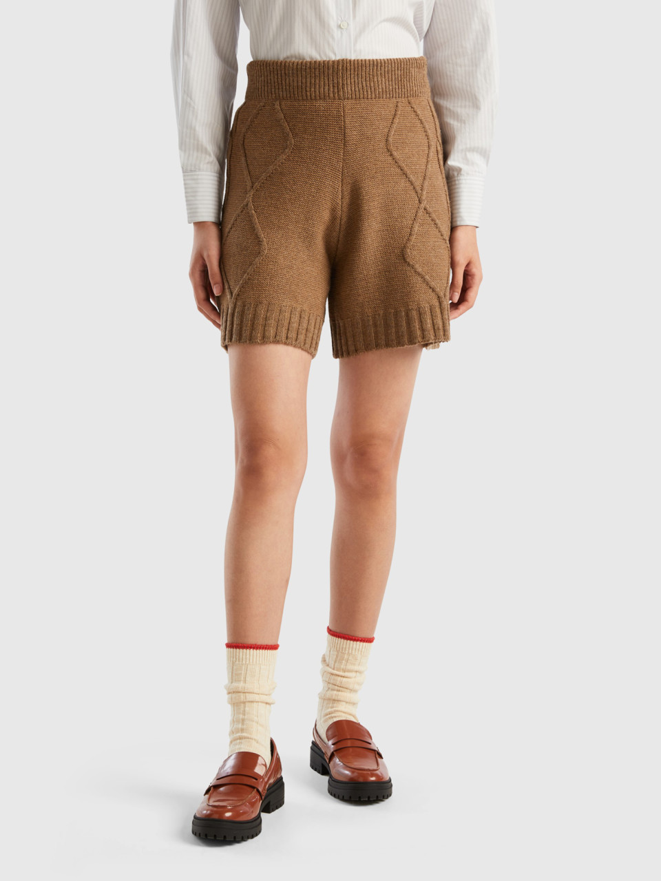 Benetton, Knit Bermudas With Cables And Diamond Pattern, Camel, Women