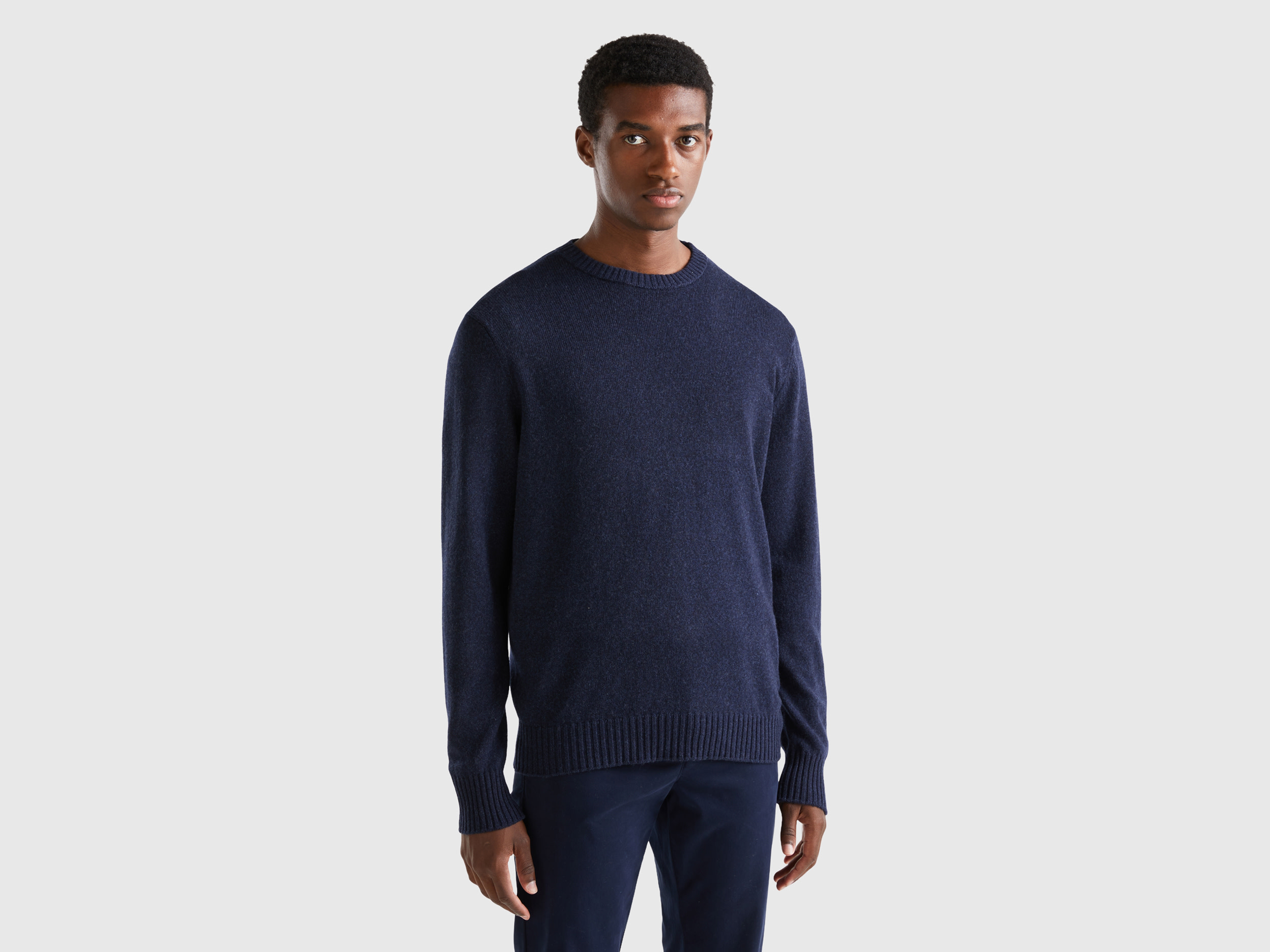 Benetton, Crew Neck Sweater In Cashmere And Wool Blend, size XXL, Dark Blue, Men