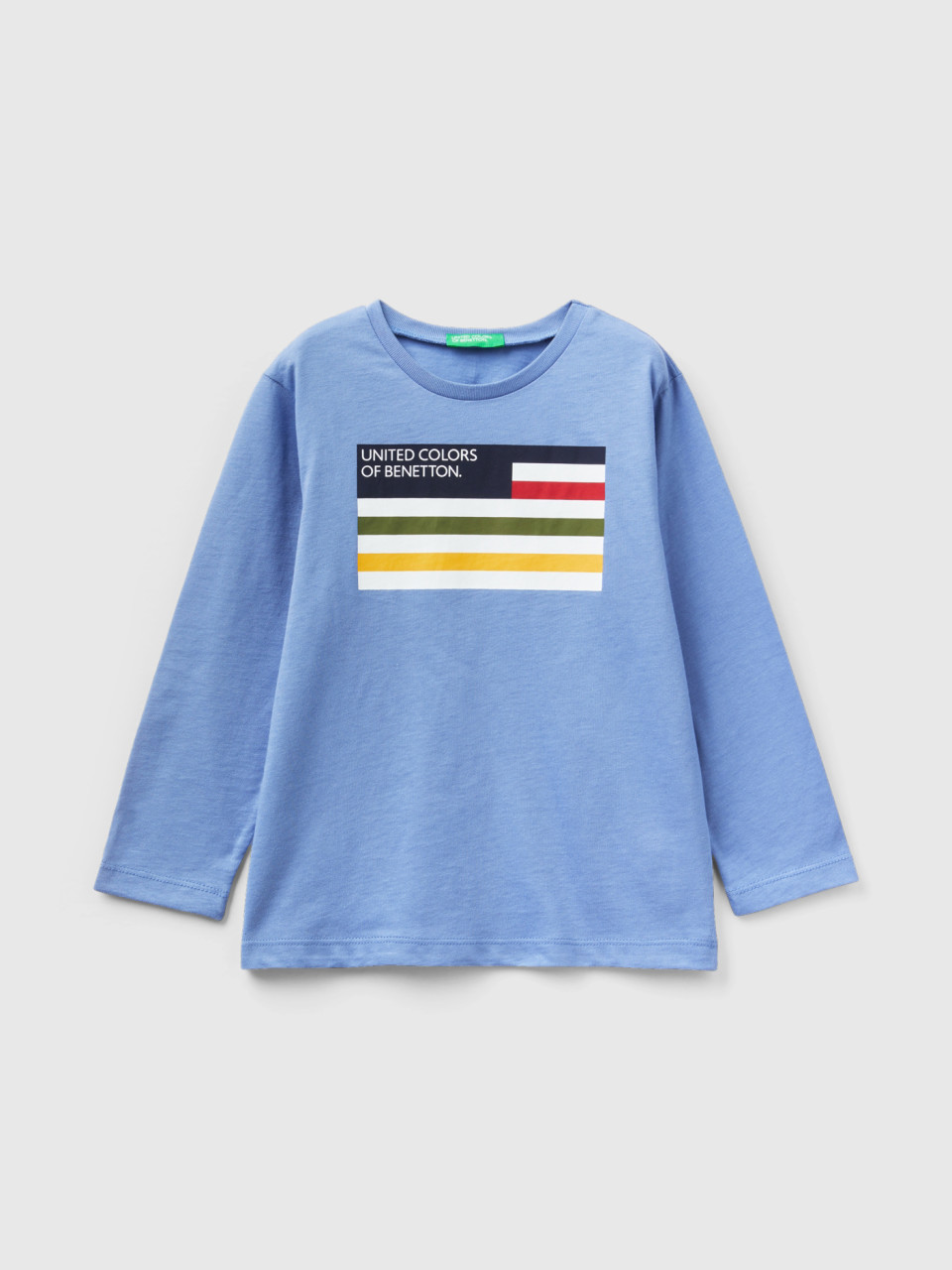 Benetton, T-shirt En Coton Bio À Manches Longues, Bleu Clair, Enfants