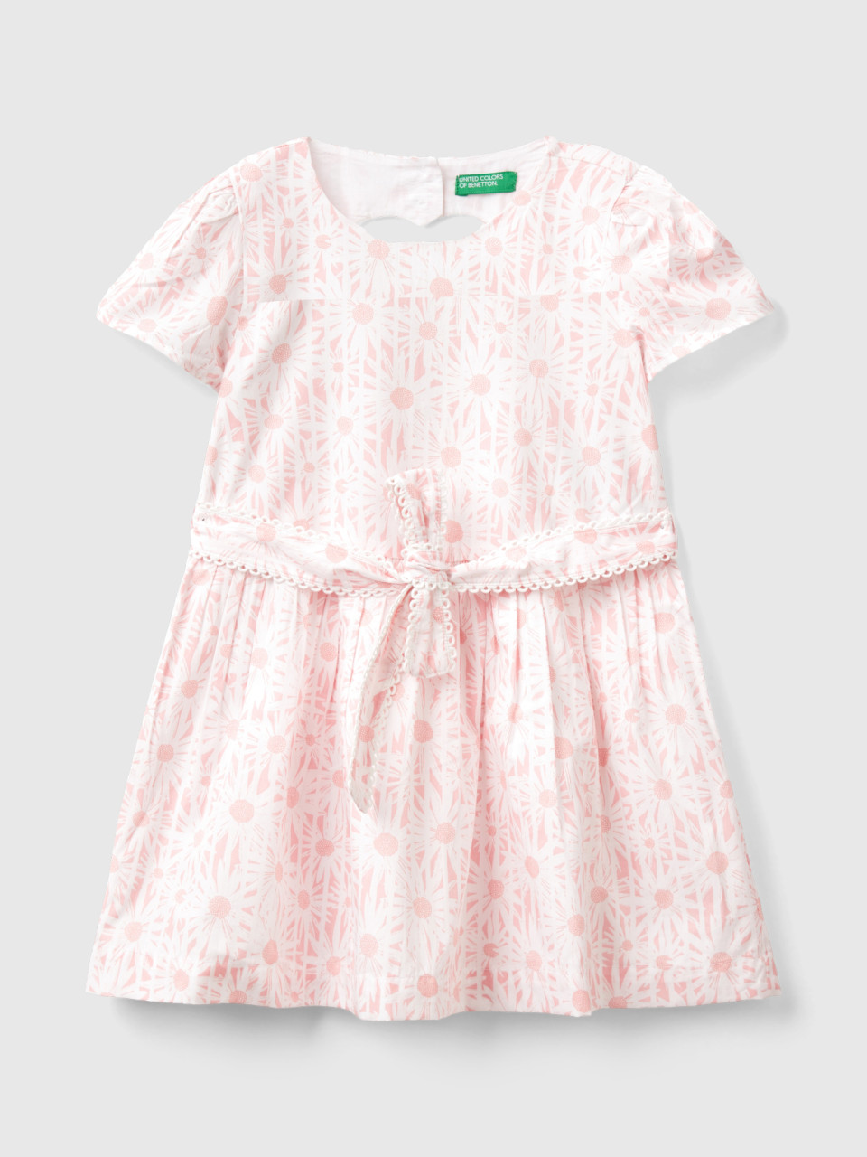 Benetton, Short Dress With Stripes And Flowers, Soft Pink, Kids