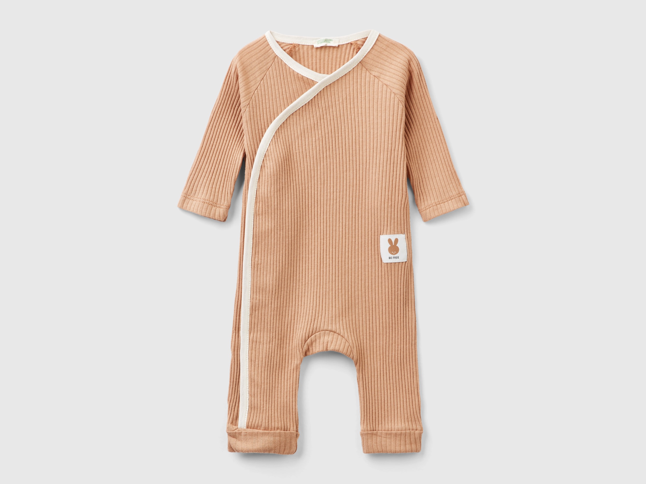 Benetton, Ribbed Onesie In Organic Cotton, size 0-1, Camel, Kids