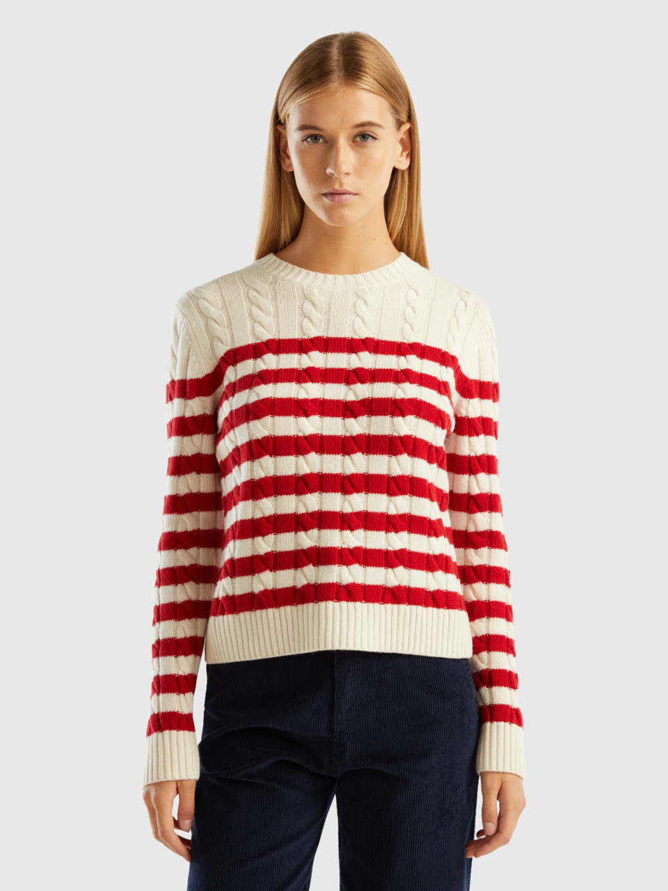 Benetton, Striped Sweater With Cables, Red, Women