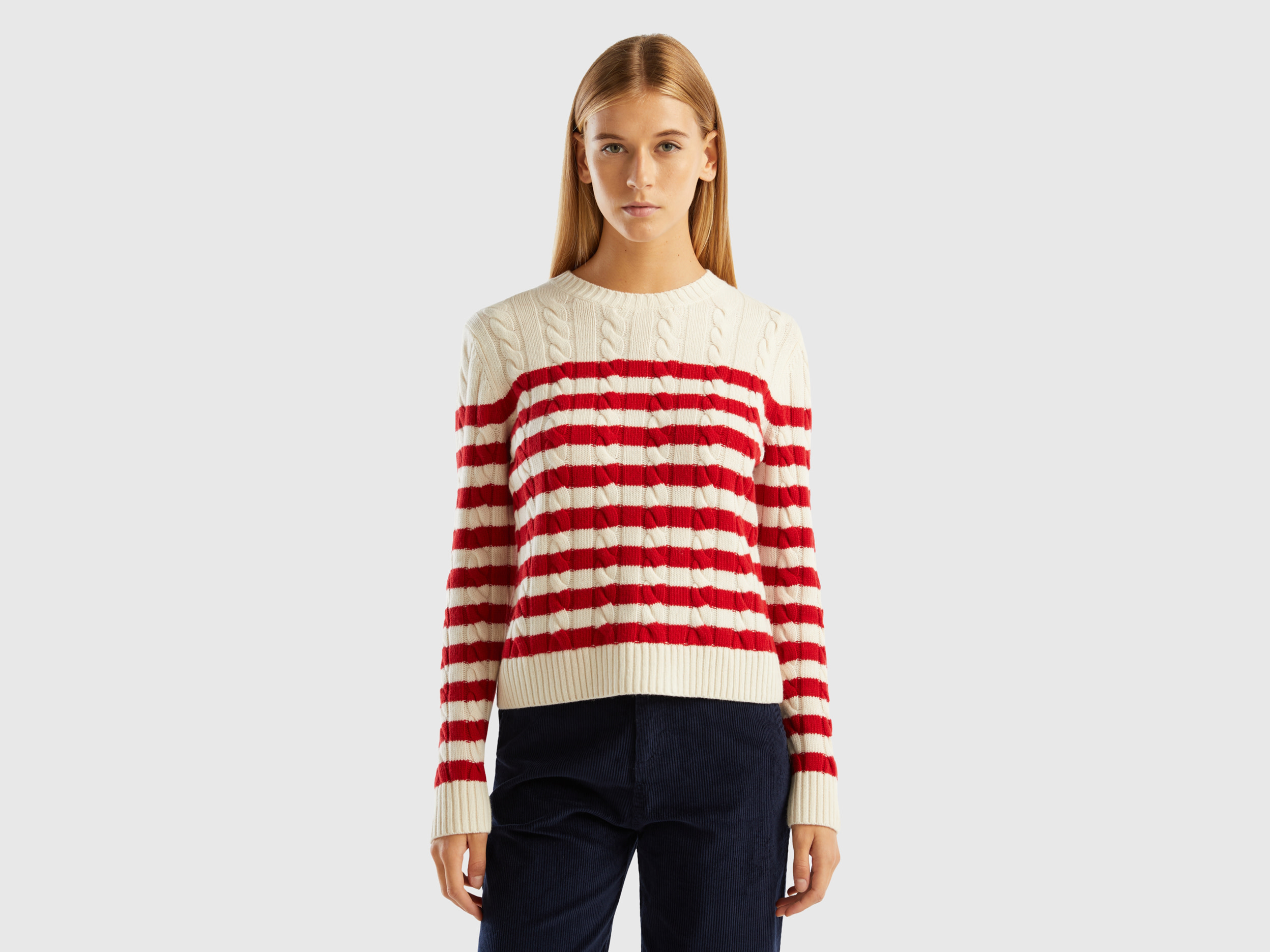 Benetton, Striped Sweater With Cables, size S, Red, Women
