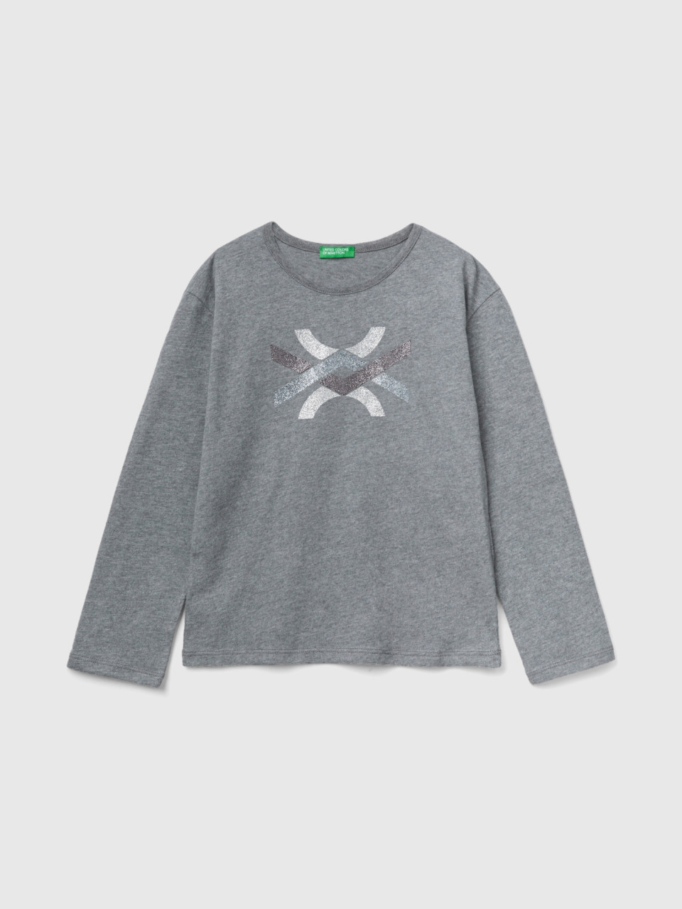 Benetton, T-shirt In Warm Organic Cotton With Glitter, Dark Gray, Kids