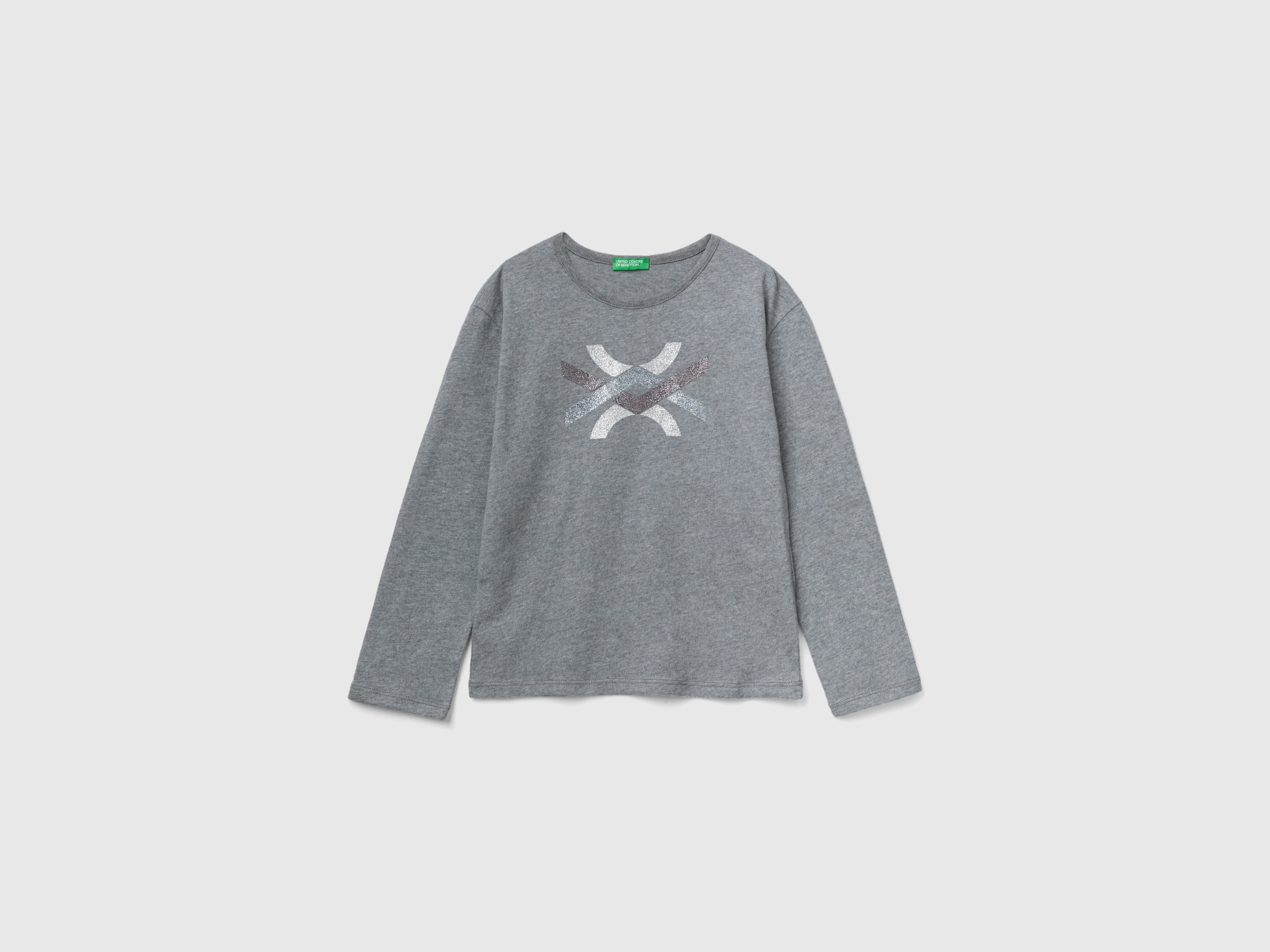 Benetton, T-shirt In Warm Organic Cotton With Glitter, size S, Dark Gray, Kids