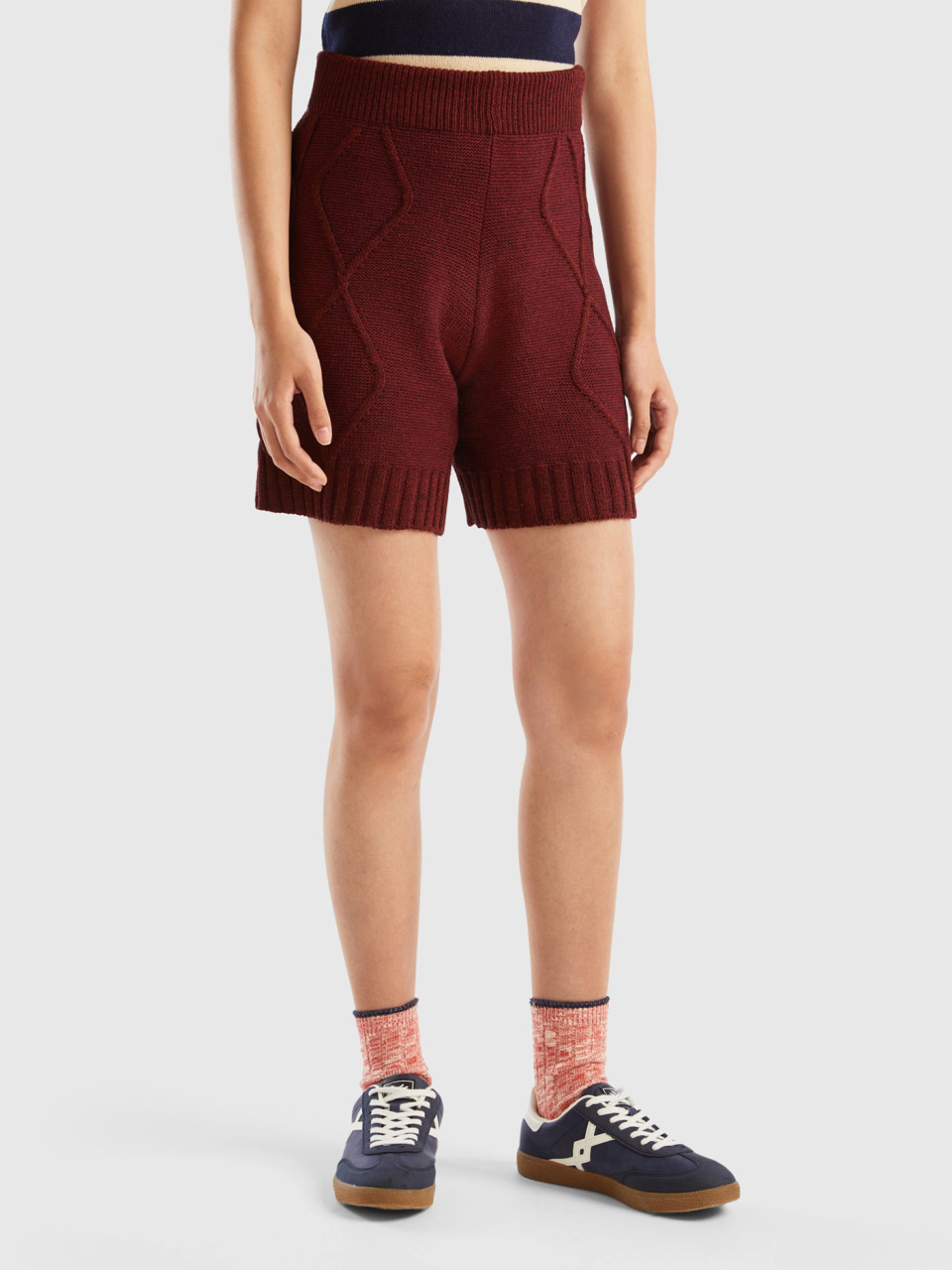 Benetton, Knit Bermudas With Cables And Diamond Pattern, Burgundy, Women