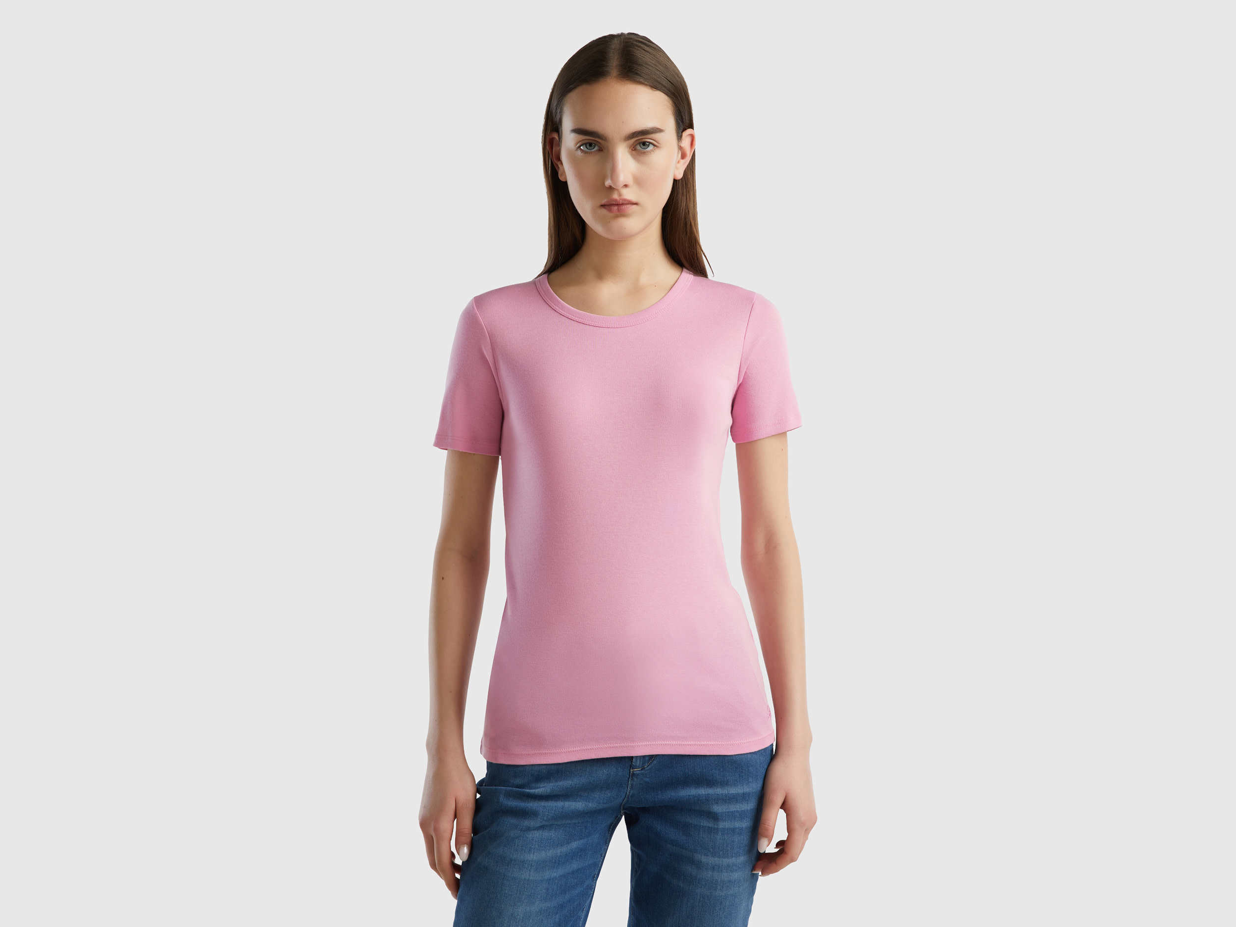 Benetton, Long Fiber Cotton T-shirt, size L, Pastel Pink, Women