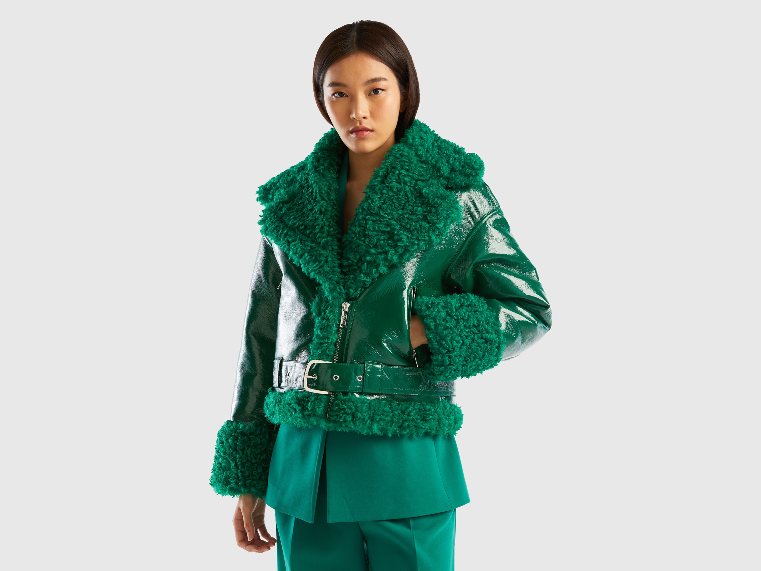 Benetton, Biker Jacket In Imitation Leather And Faux Fur, size XL, Green, Women