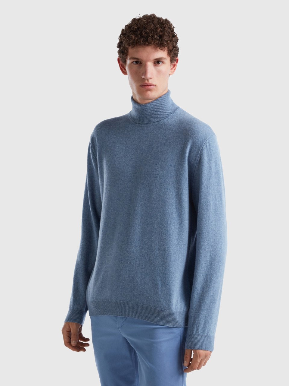 Benetton, Light Blue Turtleneck In Pure Merino Wool, Sky Blue, Men