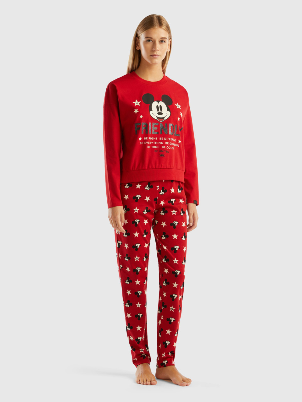 Benetton, Pyjamas With Neon Mickey Mouse Print, Red, Women