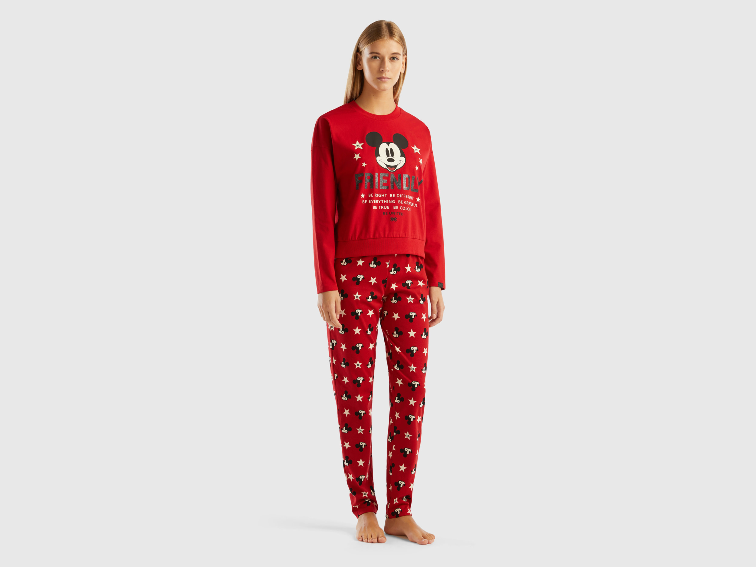 Benetton, Pyjamas With Neon Mickey Mouse Print, size XS, Red, Women