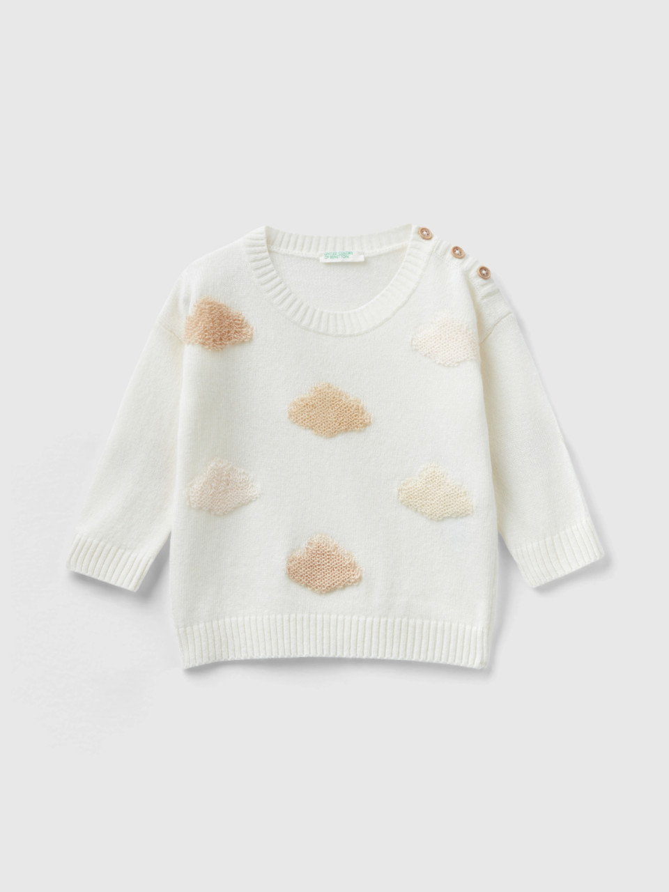 Benetton, Sweater With Clouds In Recycled Wool Blend, Creamy White, Kids