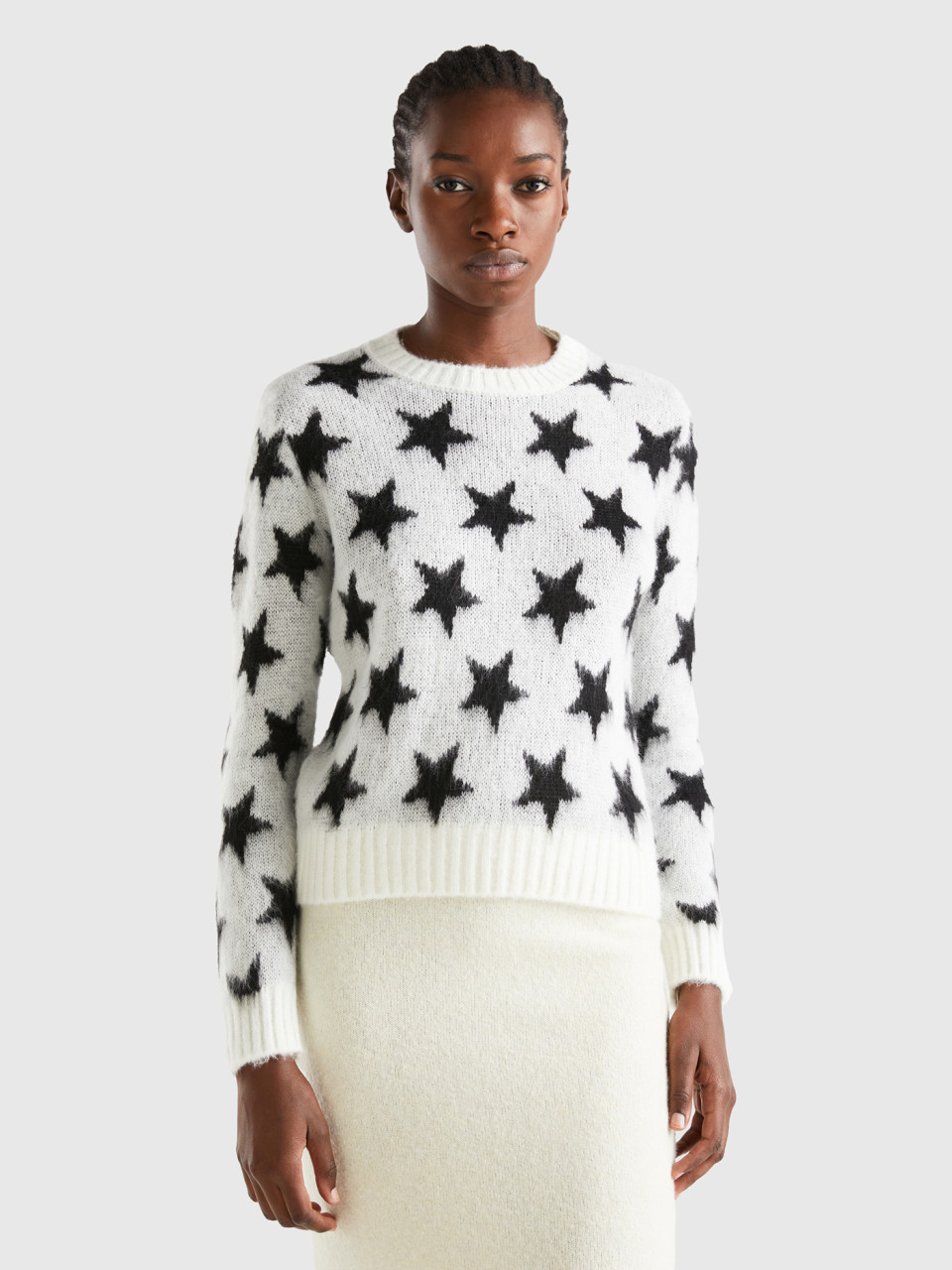 Benetton, Warm Sweater With Stars, White, Women