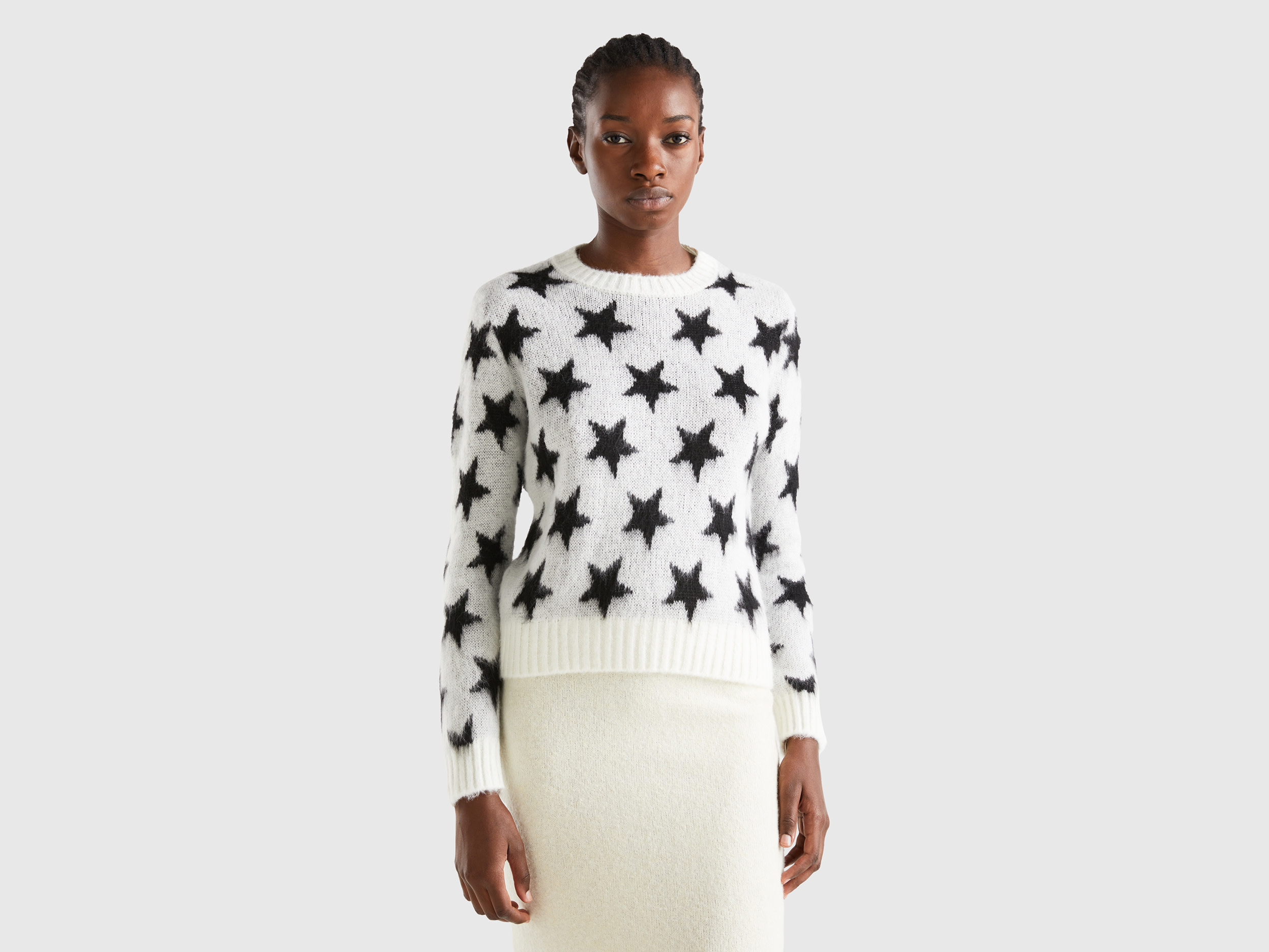 Benetton, Warm Sweater With Stars, size XL, White, Women