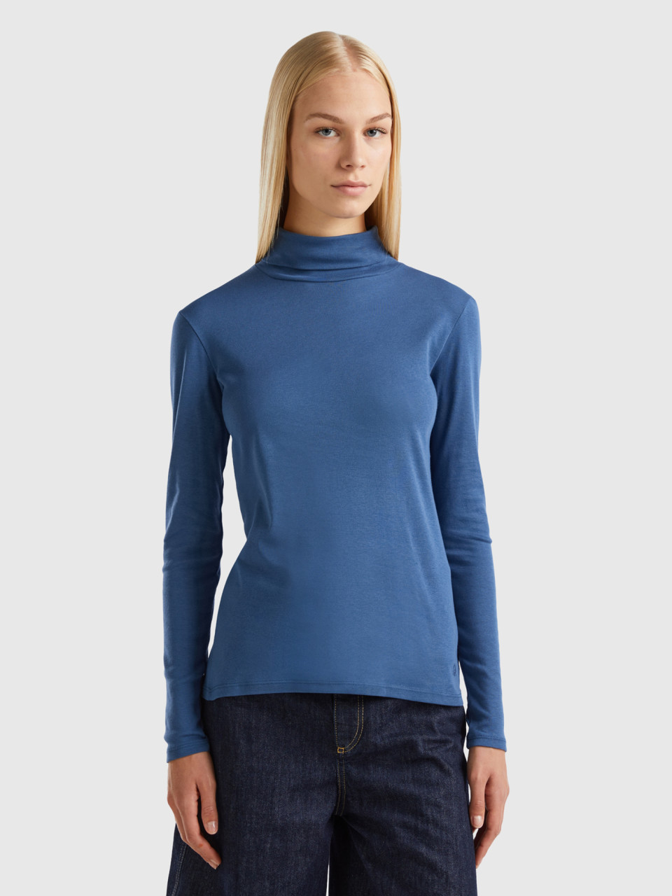 Benetton, Long Sleeve T-shirt With High Neck, Air Force Blue, Women