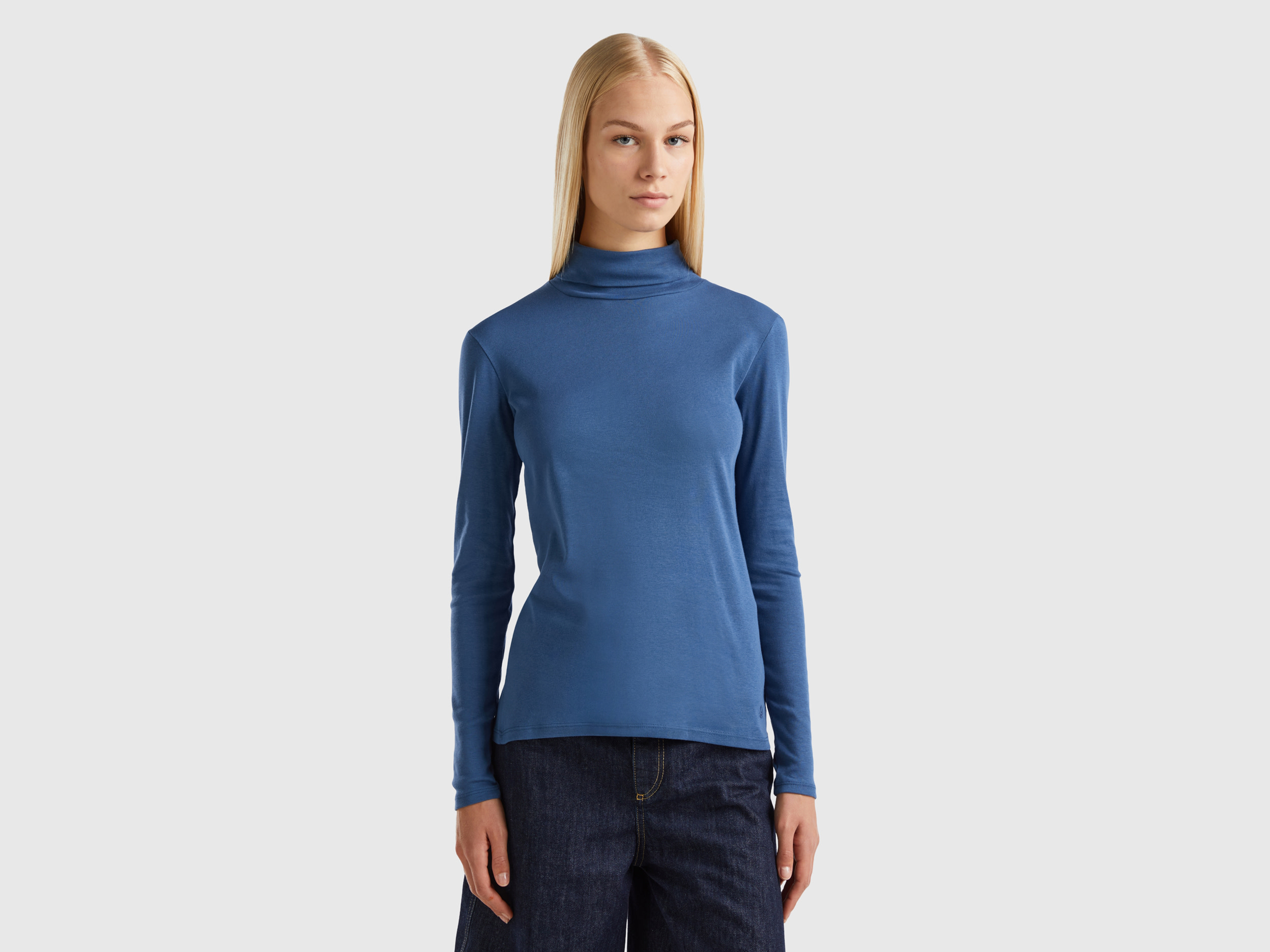 Benetton, Long Sleeve T-shirt With High Neck, size XS, Air Force Blue, Women