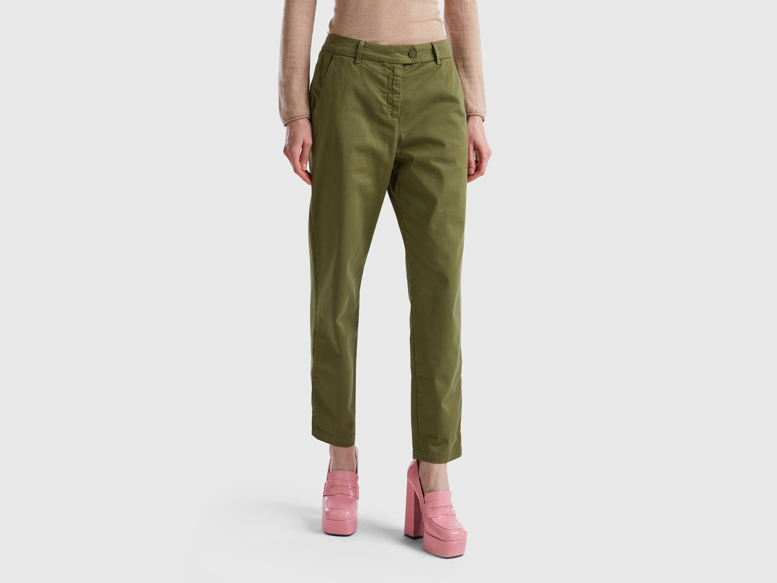 Benetton, Stretch Cotton Chino Trousers, size 6, Military Green, Women
