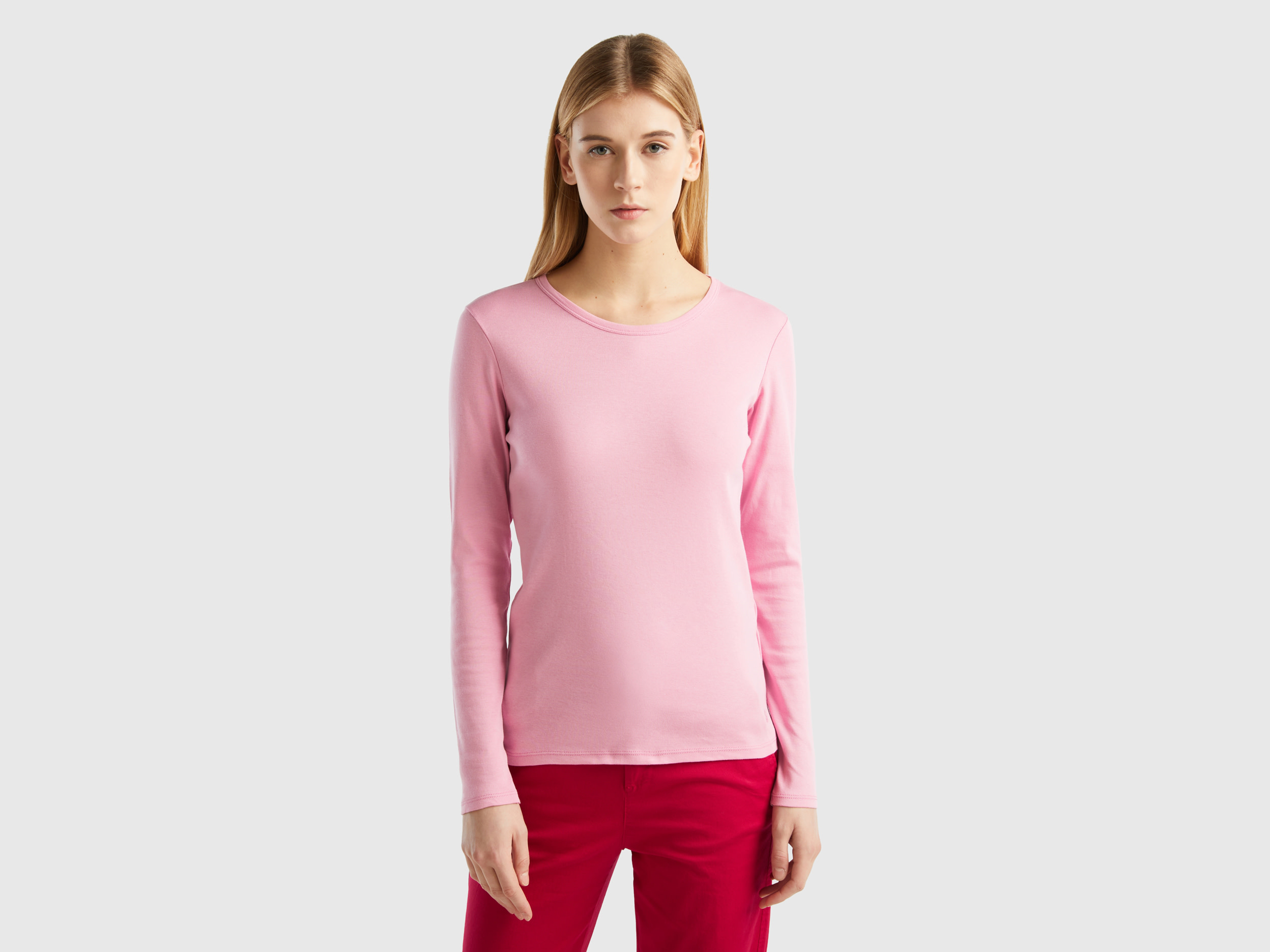 Benetton, Long Sleeve Pure Cotton T-shirt, size S, Pastel Pink, Women