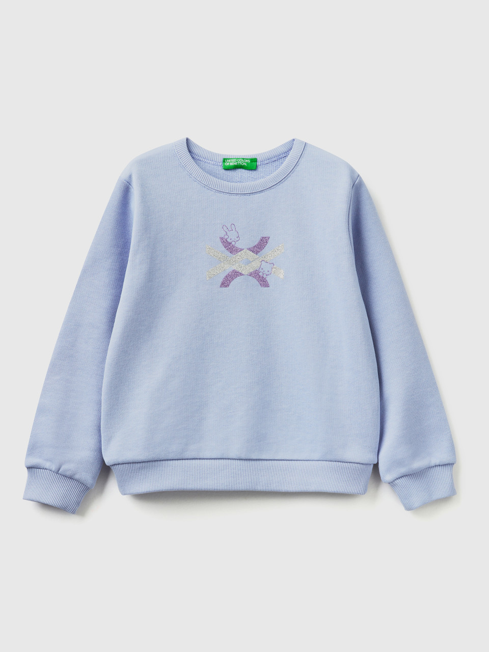 Benetton, Lilac Sweatshirt In Organic Cotton With Glittery Print, Lilac, Kids