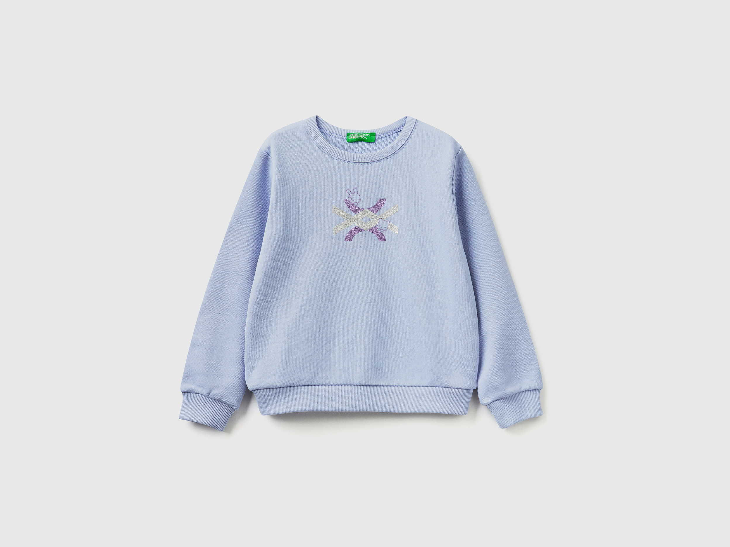 Benetton, Lilac Sweatshirt In Organic Cotton With Glittery Print, size 12-18, Lilac, Kids