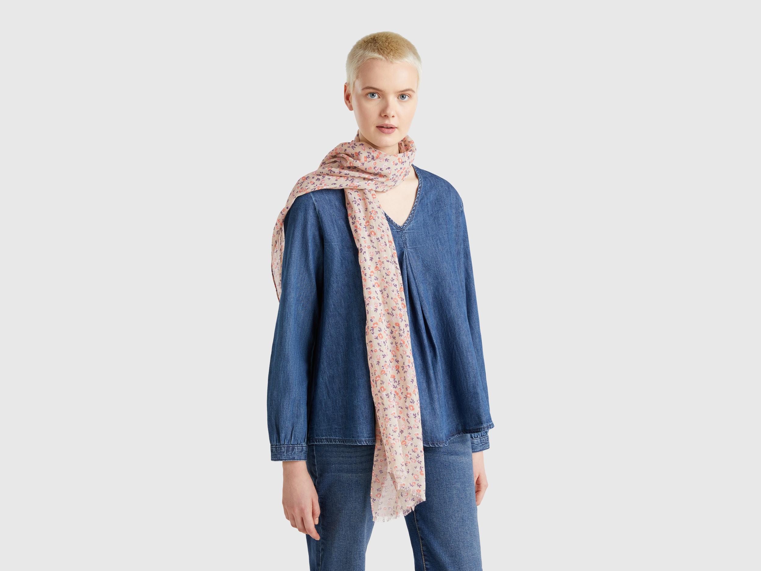 Benetton, Pink Scarf With Floral Print, size OS, Pink, Women